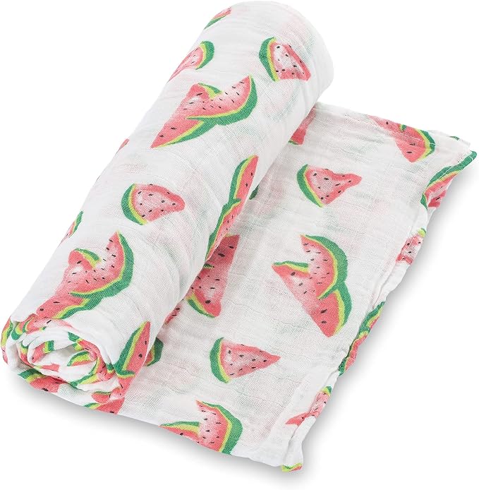 LollyBanks Muslin Swaddle Blanket |Baby Girl Fruit Pattern | Watermelons, Lemons, and Oranges |100% Cotton |New Borns and Infants |Large 47 x 47 inches |Machine Washable