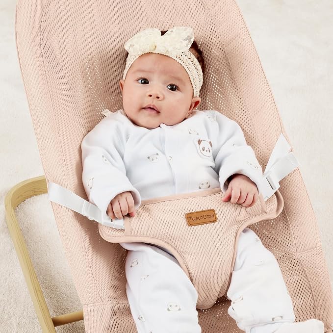 Foldable Baby Bouncer, Baby Seat with 3 Adjustable Heights, Portable Newborn Rocker, Ergonomic Bouncy Seat for Natural Bounce, Bouncer for Babies 0-6 Months, Soft Mesh (Mesh Pink)