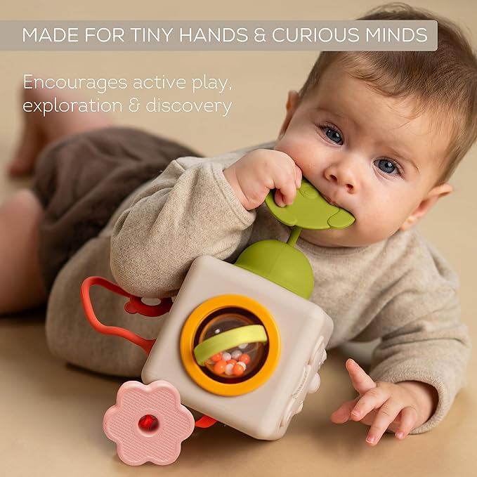 Taf Toys Busy Cube Toy Silicone Activity Cube for Baby 6 Months & Up Pop-It, Shape-Sorting, Sensory Exploration Spinning Bead Ball Develop Motor Skills Problem-Solving Montessori Toys for 1+ Year Old