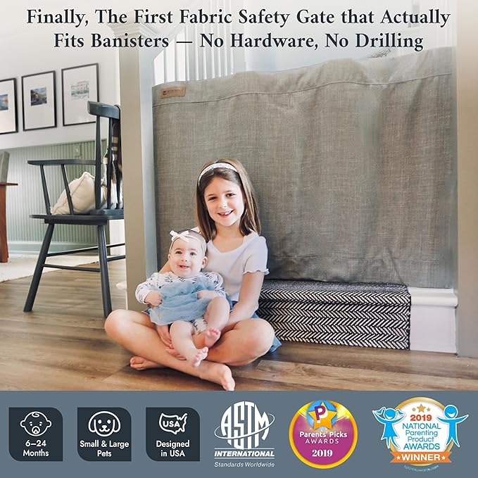 The Stair Barrier First Fabric Banister to Banister Baby Gates for Stairs 36”–42” Wide x 32” Tall– No Drill Baby Gate for Top or Bottom Staircase, Machine-Washable Climb Proof, Designed in USA, Grey