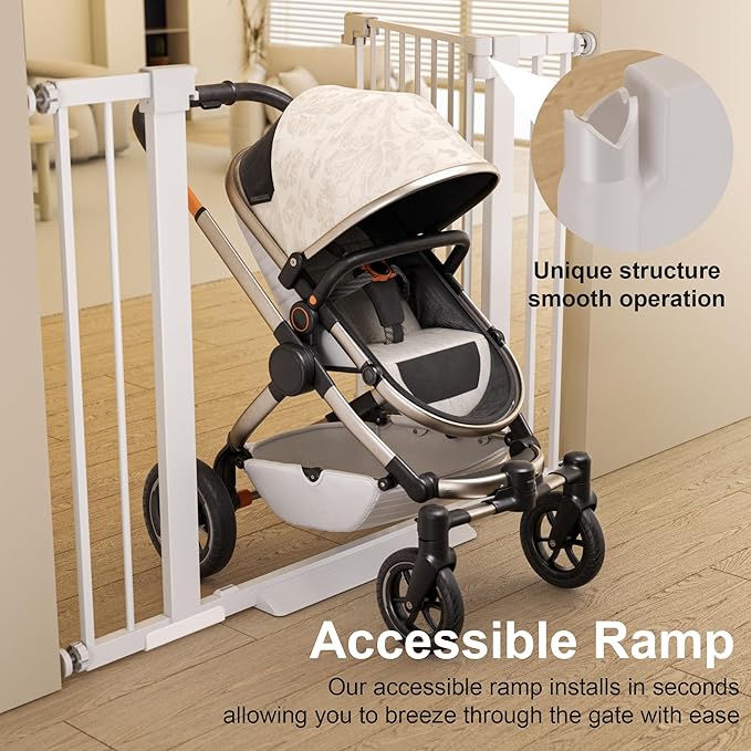 29-46 inches Metal Baby Gate for Stairs/Doorways, 30 inches Tall Pressure Mounted Pet Gates, Auto-Close Child Safety Gate, No Drilling Easy Walk-Through Dog Gate Indoor, White