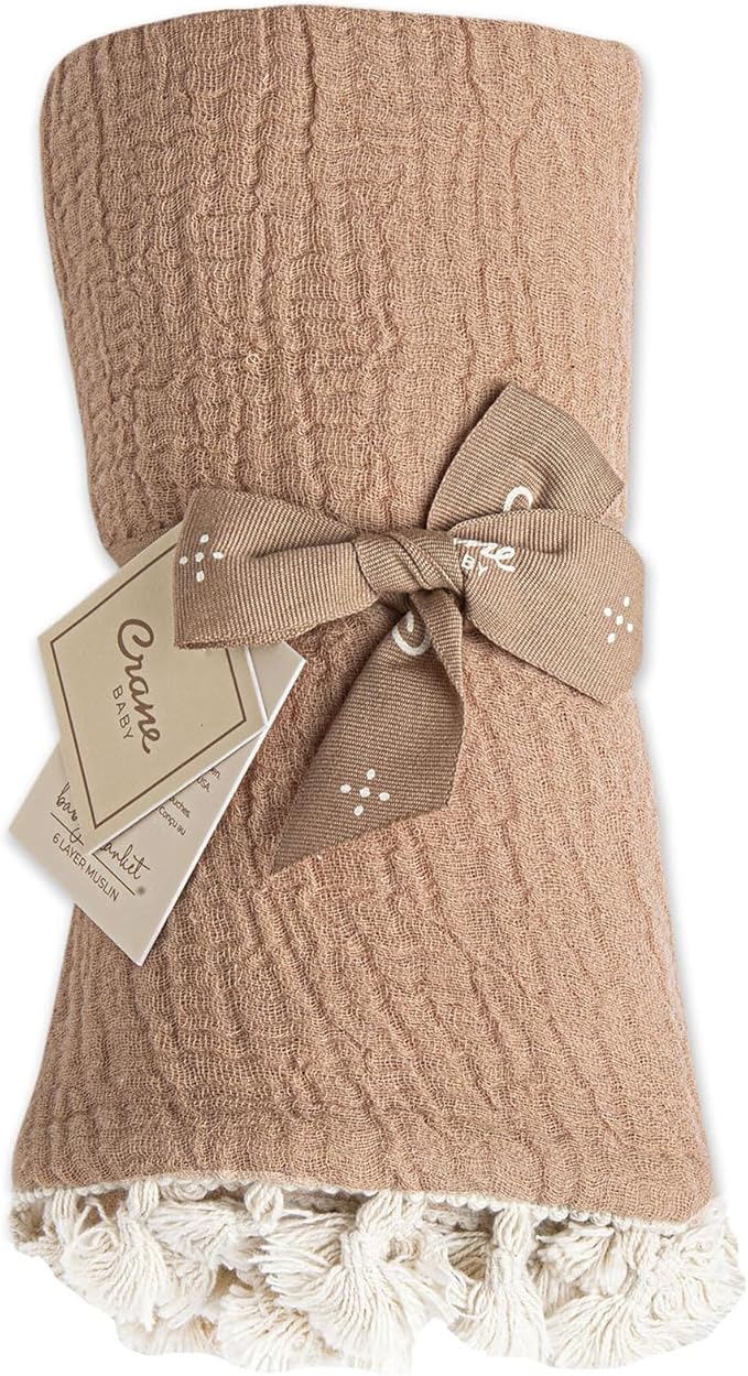 Crane Baby 6-Layer Quilt Muslin Swaddle Blanket, Soft Cotton Lightweight Nursery and Stroller Blanket for Baby Boys & Girls, Copper, 30 X 40