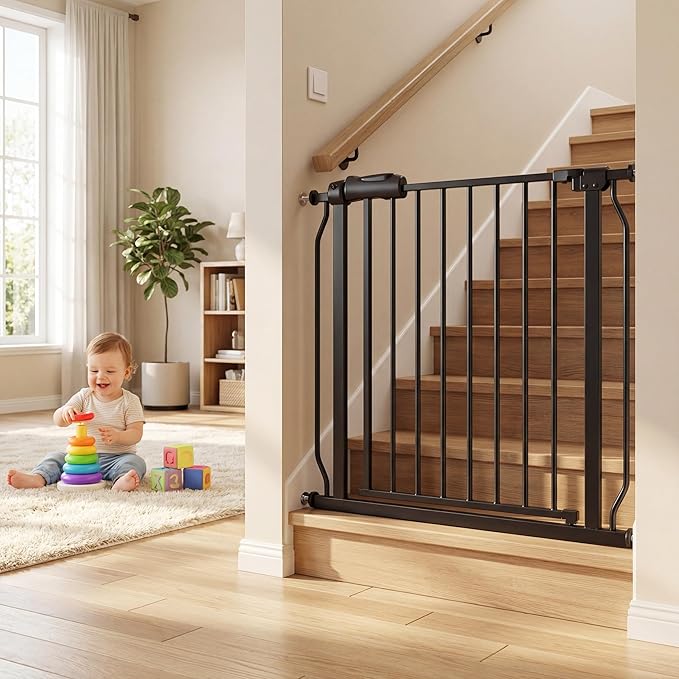 Baby Gate for Stairs 29.13"-33.86" Wide Dog Gates for Doorways Pressure Mounted Pet Gate Walk Through Metal Child Indoor Safety Gates No Drilling (Black, 29.13"-33.86"/74-86CM)