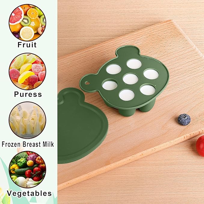 3-in-1 Baby Food & Fruit Feeder Set ??Breastmilk Popsicle Mold with Freezer Tray, Teething Relief Toy, BPA Free Infant Silicone Feeding Combo, 3 Bonus Sizes (S/M/L) Sacs (Olive Green)