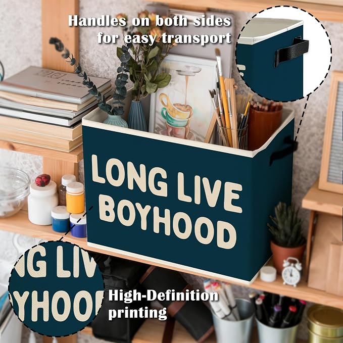 Long Live Boyhood Boys Storage Bins Box with Handles, Blue Pattern Collapsible Basket Organizer for Kids Teen Boy Nursery Room Bedroom Bathroom Playroom Toys Books Clothes