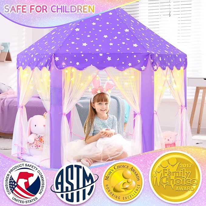 EVOIONOS Purple Tent for Girls, Kids Tent Indoor, Princess Tent with Star Lights, Girls Play Tent, Princess Castle Playhouse Tent, Little Girls Lavendar Tent, 55x53 Princess Tent for Girls