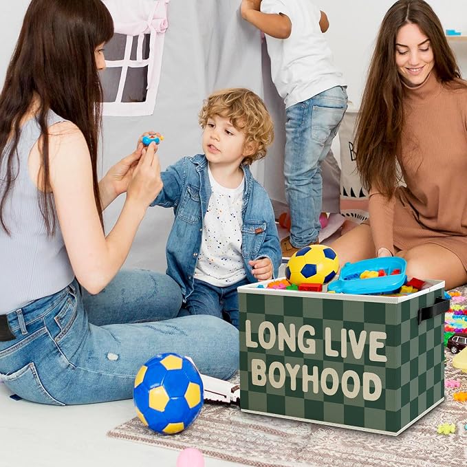 Long Live Boyhood Boys Storage Bins Box with Handles, Green Checkered Pattern Collapsible Basket Organizer for Kids Boy Nursery Room Bedroom Bathroom Playroom Toys Books Clothes