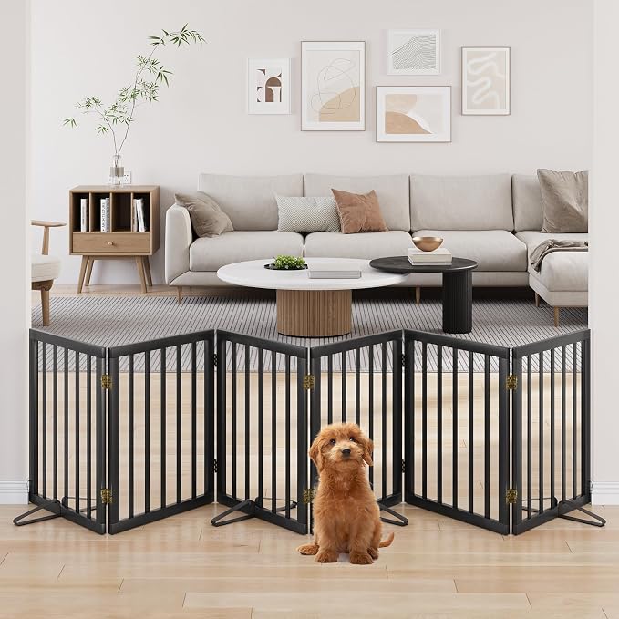 Extra Wide Dog Gate 110 inches Wide, Freestanding Pet Gate for The House Doorway, Pet Puppy Barrier, Support Feet Included, Black,6 Panels