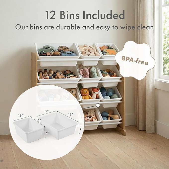 Humble Crew Kids Toy Storage Organizer with 12 Plastic Bins, Natural Wood/White ??Removable Bins for Playroom, Bedroom, Toddler Furniture for Boys and Girls Ages