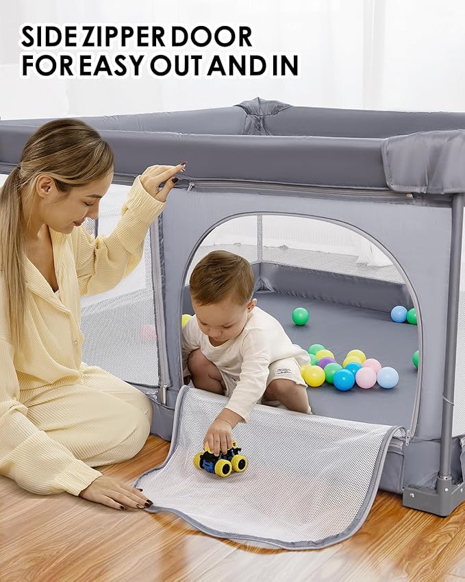 Veraste Foldable Baby Playpen, 51"x51" Indoor & Outdoor Play Yard with Single-Joint Frame, Breathable Mesh, Non-Slip Base, Portable Playpen for Toddlers and Infants (Grey)