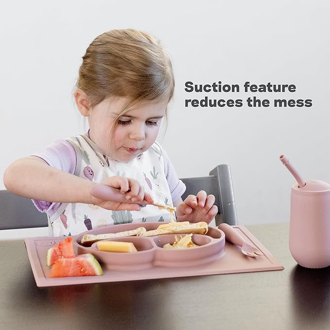 ezpz Happy Mat (Blush) - 24 Months+ - 100% Silicone Suction Placemat + Divided Plate with Three Compartments - Toddler + Preschool Essentials