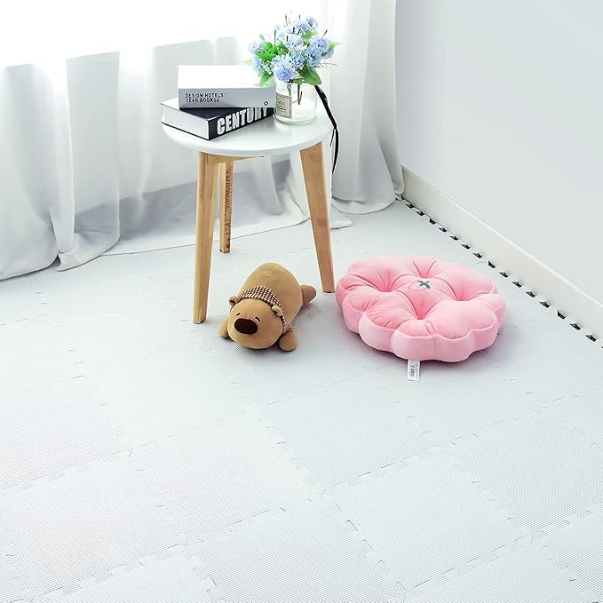qqpp EVA Rubber 18 Tiles Interlocking Puzzle Foam Floor Mats - Baby Play Mat for Playing | Exercise Mat for Home Workout. White. QC-Ab18N