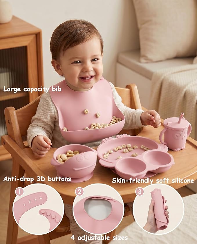 Silicone Baby Feeding Set with Spoon, Bowls, Plates with Suction, Bib, and Toddler Sippy Cups with Replaceable Snack Lids, Pink