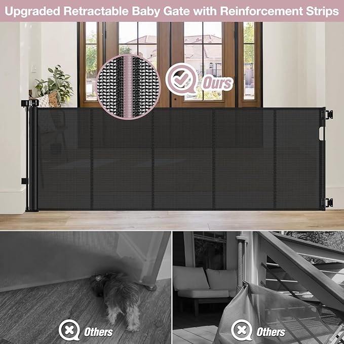 Reinforced 72" Wide Retractable Baby Gates with Support Rods - Prevent Crawling Under Retractable Gate, Mesh Dog Gate for Stairs Extra Long Baby Gate for Doorway, Long Dog Gate Indoor/Outdoor, Black