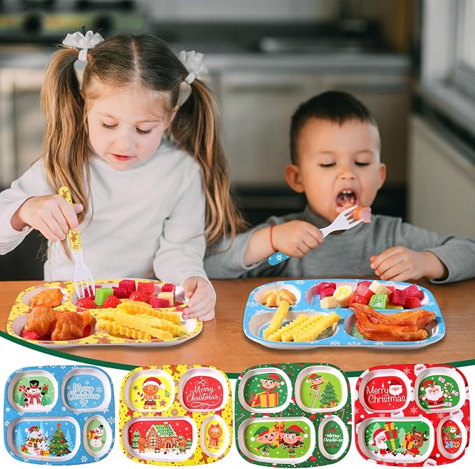 Jinei 4 Set Christmas Divided Dinnerware Set with Fork and Spoon Santa Gingerbread Man Xmas Dinner Plate Snowman Melamine Dinnerware Divided Plates Christmas Baby Feeding Dishes Dishwasher Safe