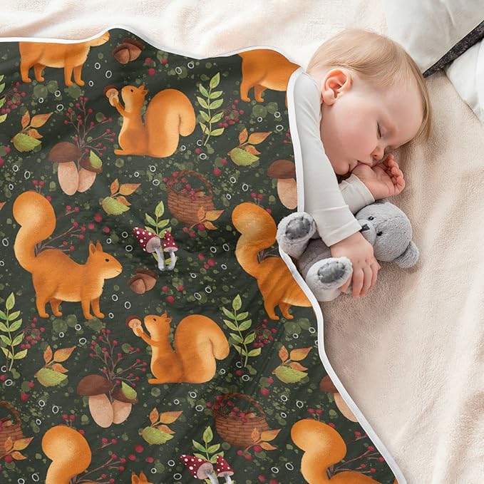 Ollabaky Mushroom Squirrel Baby Blanket for Boys Girls Cotton Throw Blanket Swaddle Blanket for Crib Stroller Nursery Receiving Blanket Infant Toddler Unisex 30"x40"