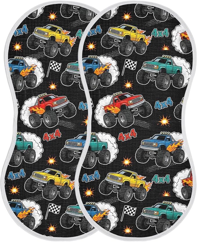 2 Pack Muslin Burp Cloths Monster Truck Black Print Cotton Baby Burp Cloths Absorbent Soft Burping Cloth Washcloths for Newborn Babies 22x11 Inch