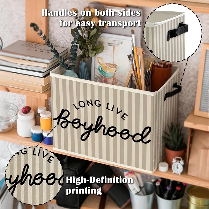Black Long Live Boyhood Boys Storage Bins Box with Handles, Beige Stripe Collapsible Basket Organizer for Kids Teen Boy Nursery Room Bedroom Bathroom Playroom Toys Books Clothes