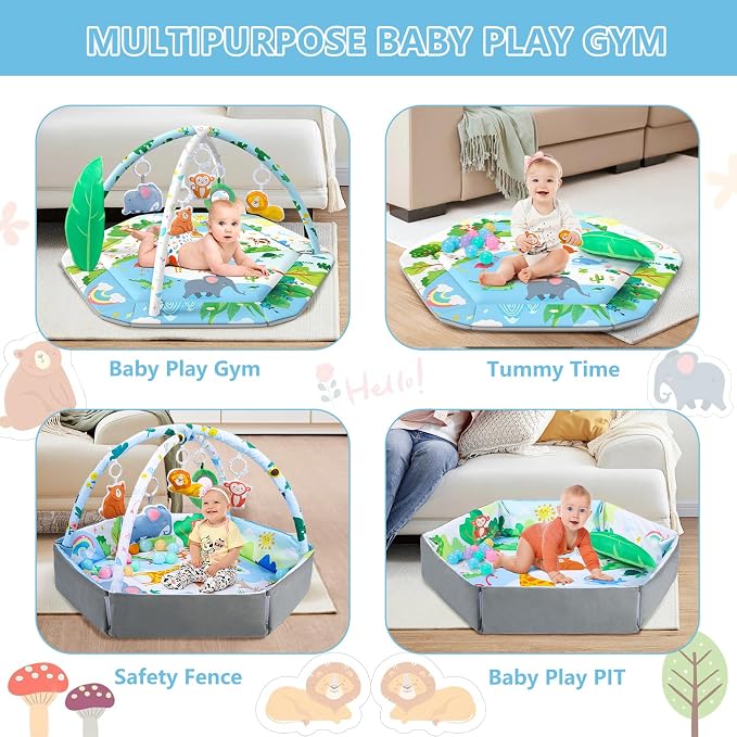 Baby Gym Play Mat, 8-in-1 Tummy Time Mat & Activity Gym Mat Ball Pit with Detachable Toys, Washable Infant Play Mat for Visual, Hearing, Sensory, Motor Development, Newborn Baby Toys Gift for Toddler 0-3-6-9-12 Months Easy to Install