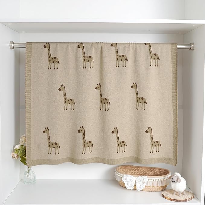 Opewod Soft Cotton Knit Baby Blanket with Cute Deer Print 40x30in Newborn Receiving Blanket Swaddle Cuddle Blanket for Crib, Stroller, or Nursery for Infants & Toddlers Camel