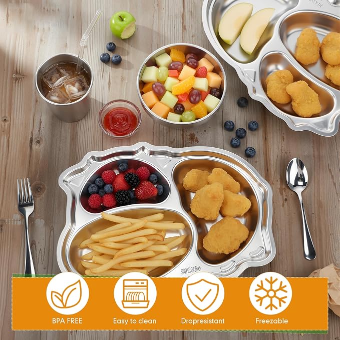 Jinei 10 Pieces Kids Stainless Steel Utensils Set Include 2 Cow Shaped Plates, 2 Bowls, 2 Cups, 2 Spoons, and 2 Forks, Stainless Steel Dinnerware Set for Toddler Utensils Silverware