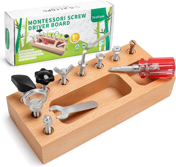 TenFans Montessori Busy Board for Toddlers 3-5 Years, Wooden Screwdriver Activity Board, Fine Motor Skills & Sensory Development Toy, Preschool Learning & Travel