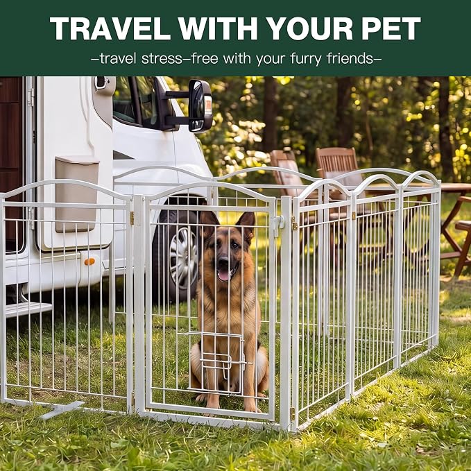 Metal Freestanding Dog Gate with Cat Door for Indoor & Outdoor,30" Tall Foldable Dog Fence,160" Extra Wide Freestanding Pet Gate for Large Openings,RV Camping,Stairs,Deck,Yard,Doorways(8 Panels,White)