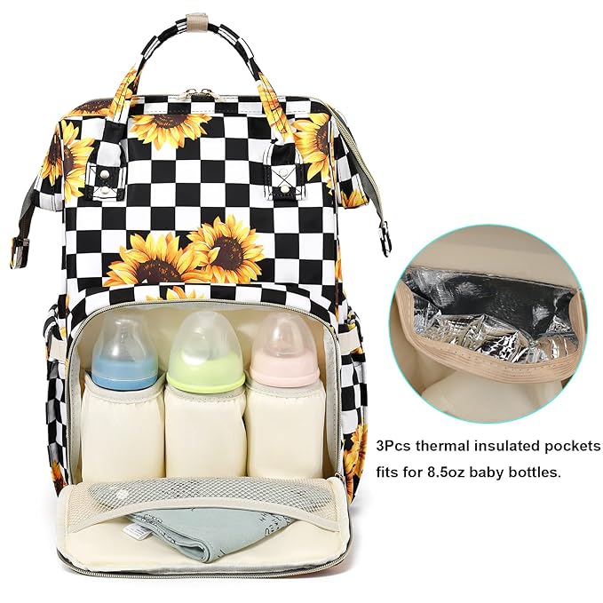 Sunflower Checkered Diaper Bag Backpack for Baby Girls, Mom Waterproof Large Nappy Bags for Women
