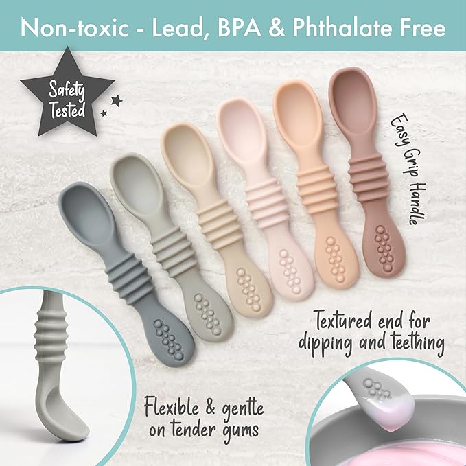 PrimaStella Silicone Chew Spoon 6-Piece Set | First Stage Feeding Spoons | Baby Led Weaning Supplies | BPA Free | Dishwasher and Boil Safe