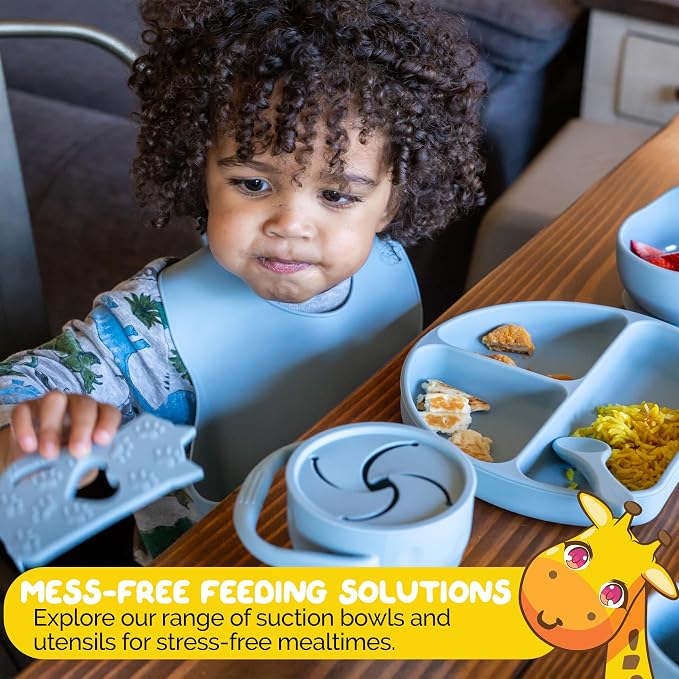 Carolina Blue Silicone Baby and Toddler Self-Eating Food Plates Set with Utensils (8 Piece Set)