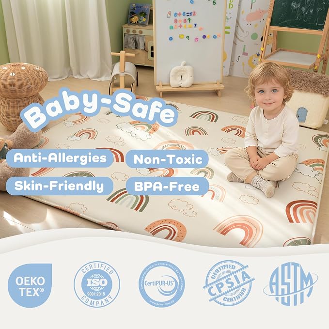 1.5" Thick Premium Baby Floor Play Mat, 71x79 Over-Sized Padded Memory Foam Mat, Tummy Time Crawling Playmat for Nursery Kids Playroom, Rainbow