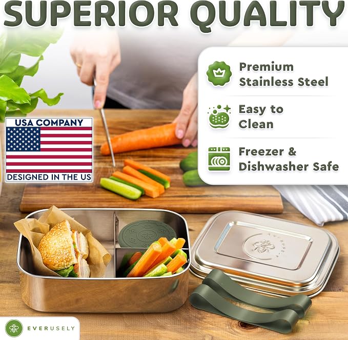 Everusely - Bento Box - Sage, 60oz / 1.8 L - Extra Large Stainless Steel Lunch Box + Leakproof Condiment Container - 3 Compartment Snack Organizer for On the Go Meals - Freezer & Dishwasher Safe