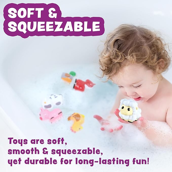 Tub Works® Barnyard??Mold Free Bath Toys, 12 Pack | Sealed, No Hole Bath Toys Design Keeps Moisture Out | Soft, Squeezable & Float on Water | Farm Animals Baby & Toddler Bathtub Toys | Baby Pool Toys