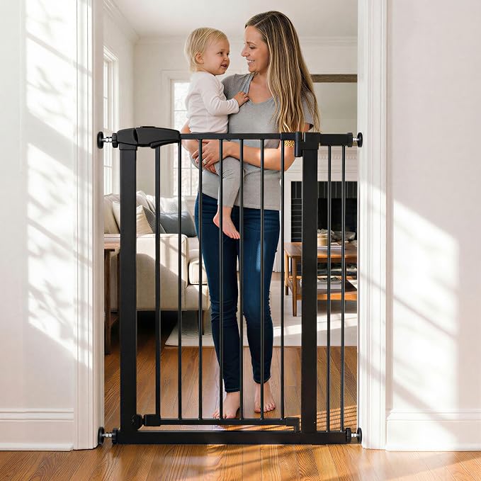 Fldofaves 42" Extra Tall Pet Gate for Cats and Dogs, Fits 29.5"-46" Wide Openings, Pressure Mounted Auto Close Cat Gate with Ultra Narrow Bar Spacing for Doorways, Stairs, Hallways(Black)