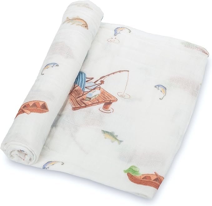 LollyBanks Baby Blanket, 100% Cotton Muslin Swaddle Blankets for Boys, Large 47 x 47 Inches Newborn Blanket, Soft and Breathable Receiving Blankets, Baby Essentials, Registry (Fishing Print)