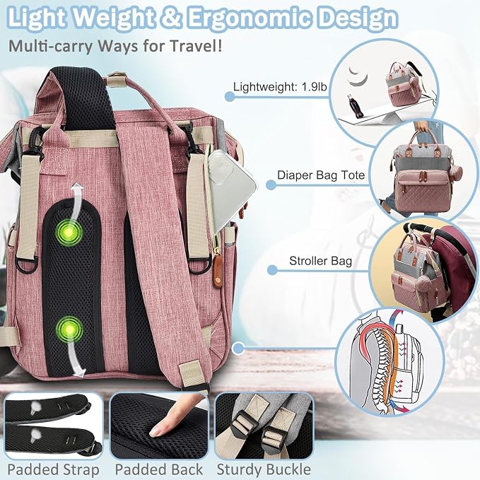 Black Diaper Bag Backpack, Multifunctional Waterproof Mommy Bag with Changing Pad, USB Port, Stroller Straps, Large Capacity Baby Travel Bag (dusty pink)