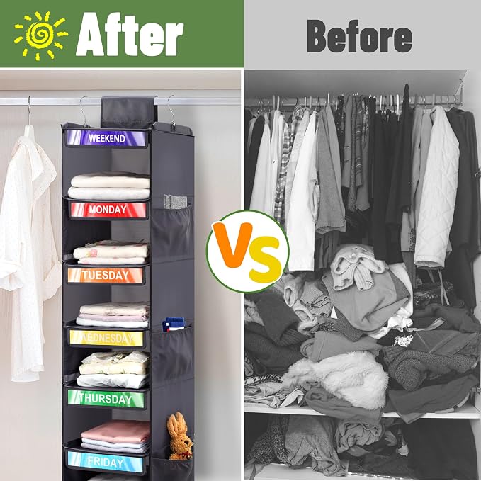 2 Pack 6-Shelf Weekly Clothes Organizer for Kids, Hanging Daily Closet Organization with 6 Side Pockets, Days of The Week Clothing Divider Storage for Boys and Girls (Grey)