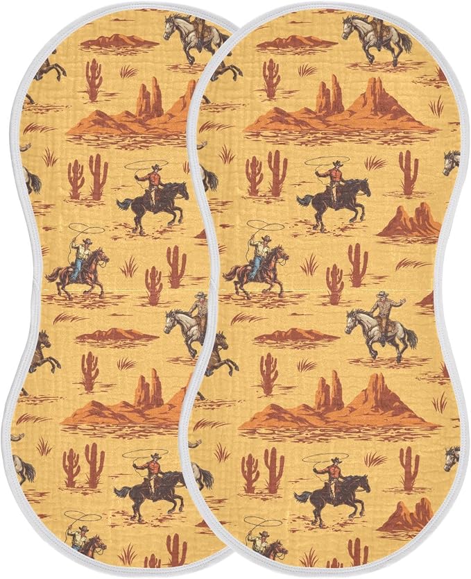 Muslin Burp Cloths for Baby Boys and Girls - 2-Pack Ultra Absorbent Western Desert Cowboy Muslin Washcloths, Newborn Towel, Milk Spit Up Rags, Burp Cloth Bibs for Unisex, 22 x 11 Inch
