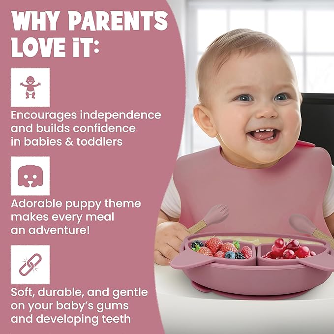 Baby Feeding Essentials, Baby Led Weaning Supplies, Silicone Baby Feeding Set, with Baby Spoon, Fork, Baby Bib, Sippy Cup, Suction Plate, Suction Bowl, Baby Eating Essentials, 6+ Months (Dark Pink)