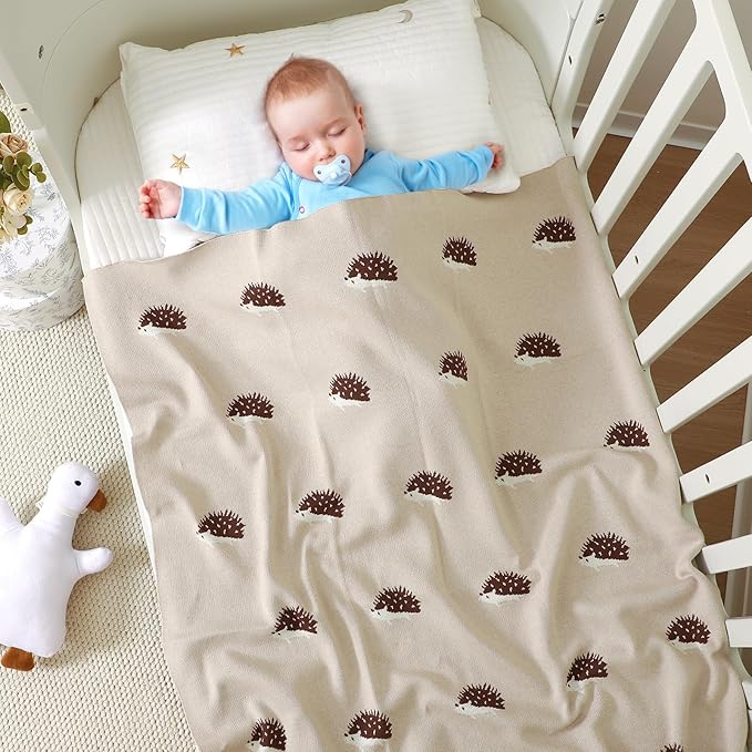 Opewod Baby Blanket 100% Cotton Baby Swaddle Blanket Knit Soft Cozy Lightweight Unisex Receiving Stroller Quilt Blanket with Cute Hedgehog 30x40 Inch Light Camel