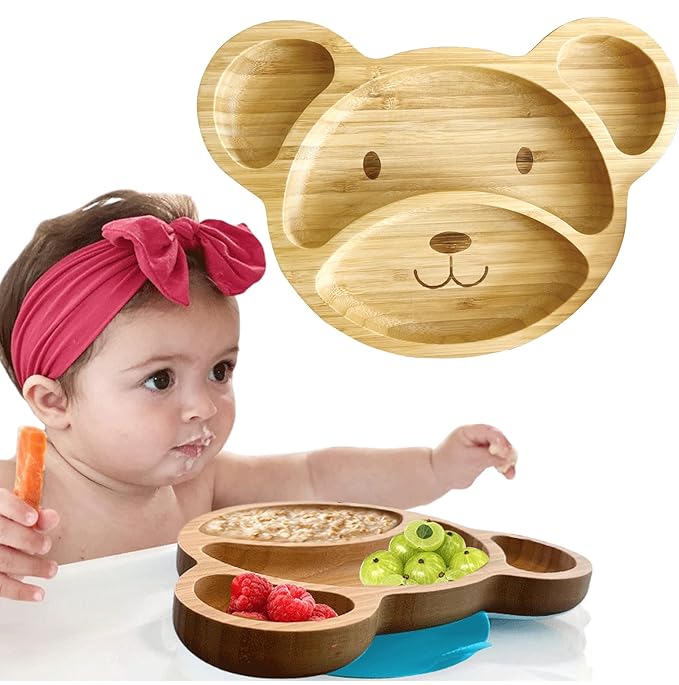 Bamboo Plates for Kids - Baby & Toddler Plates with Suction for Feeding & Weaning, Eco-Friendly Bear Design Promotes Self-Feeding, Ideal for Busy Moms & Dads, Sturdy & BPA-Free (Blue)