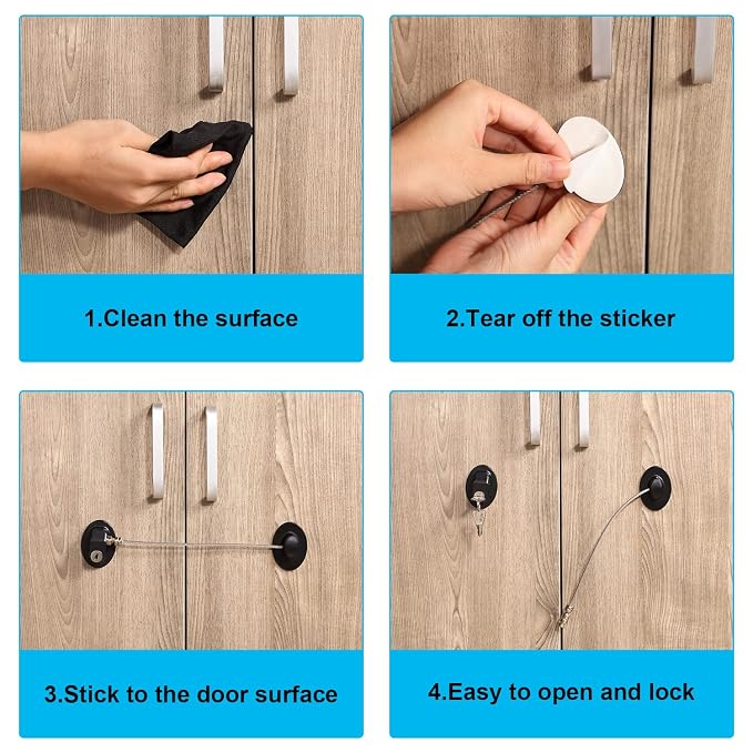 Hotop 4 Pack Cabinet Locks with Keys Refrigerator Fridge Locks Replacement with Steel Wire Self Adhesive Child and Baby Proofing Safety for File Drawers Deep Freezer Doors Latch(Black)
