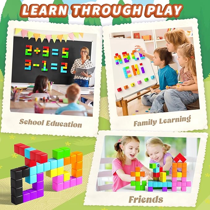 65PCS Magnetic Blocks with Magnet Eyes Toy, Magnetic Building Blocks with Storage Bag for Kids Gifts, STEM Preschool Sensory Magnetic Cubes for Toodlers Boys Girls Ages 3 4 5 6 7 8, Bright Color