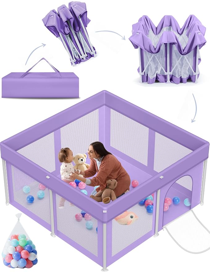 Foldable Playpen 50x50, Foldable Ultra-Portable Baby Playpen, Instantly Deployed in Three Seconds, Safe Baby Playard with Soft Breathable Mesh, Perfect Activity Center for Baby's Play, Lavender