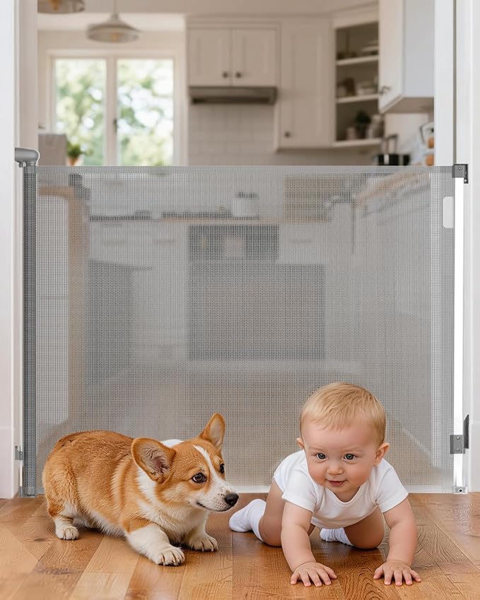 Retractable Baby Gate 38" Tall, 71" Wide Mesh Baby Gate for Doorways, Mesh Dog Gate Retractable with Auto-Tighten System, One-Hand Operation Indoor Pet Gate, White