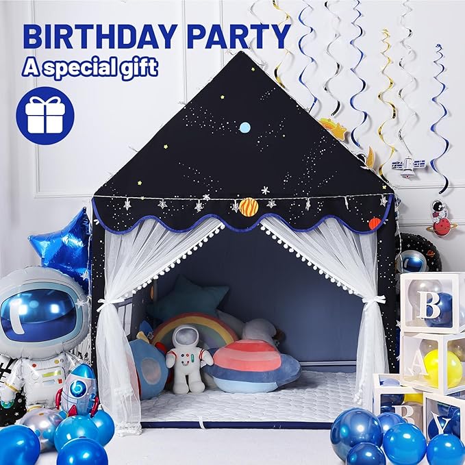 Wilwolfer Space Kids Tent Indoor: with Mat, Star Lights - Kids Play Tent Space Toys - Bedroom Decorations Astronaut Rocket Ship (Black)