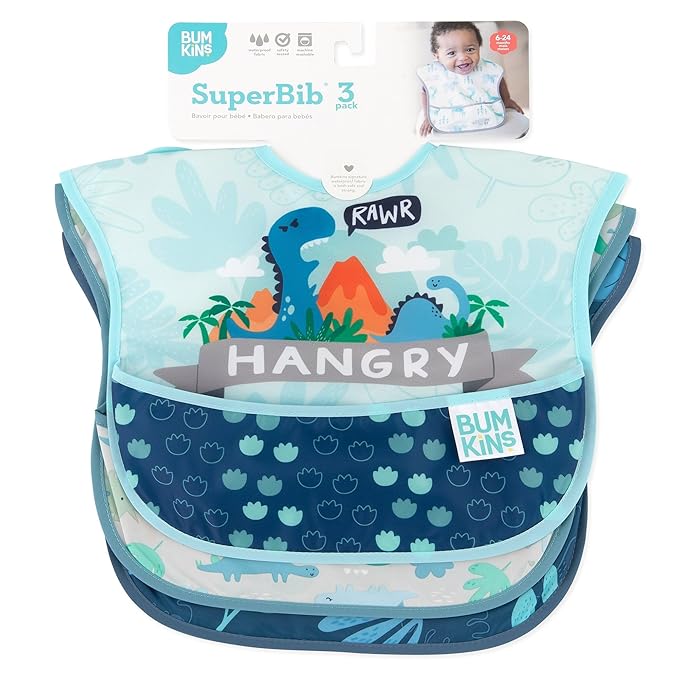 Bumkins Bibs for Girl or Boy, SuperBib Baby and Toddler for 6-24 Months, Essential Must Have for Eating, Feeding, Baby Led Weaning Supplies, Mess Saving, 3-pk Hangry, Dinosaurs, and Blue Tropic