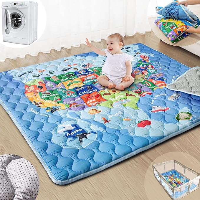 Baby Play Mats for Floor, 71?�x59??Upgraded Thickness & Larger Super Soft Playmat for Babies and Toddlers, Foldable Washable, Upgrade Anti-Slip Crawling Mat for Playpen(Map)