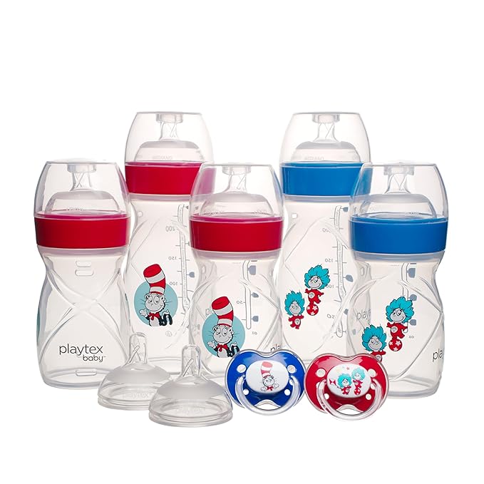Playtex Baby Dr. Seuss Newborn Gift Set with 5 Nurser Bottles (3X 4Oz, 2X 8Oz), 2 Binky Pacifiers, 60 Drop-Ins Liners & Bib, Bottles for Newborn and Breastfeeding Babies, Feeding Essentials
