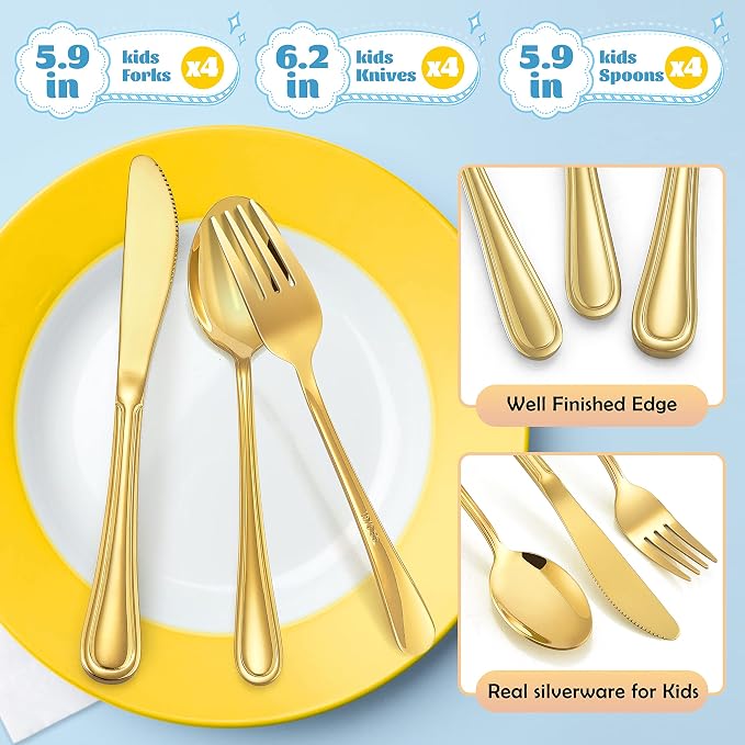 12-Piece Gold Kids Silverware, E-far Stainless Steel Toddler Kids Utensils Safe for Preschooler/Children, Includes 4 Forks 4 Spoons 4 Knife, Slimline Look & Small Size, Healthy & Rust Free